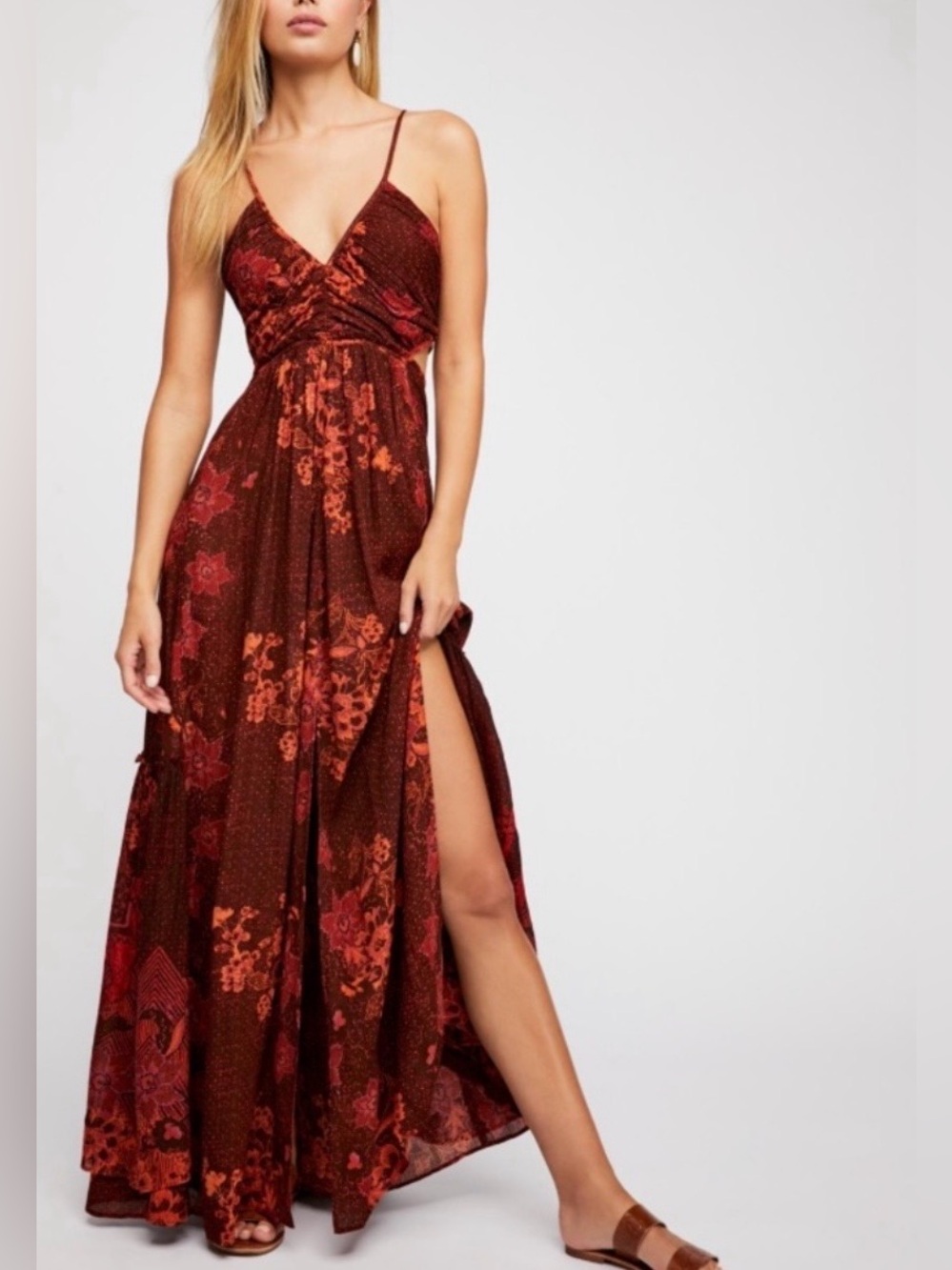 Free People Burgundy & Rust Floral Spaghetti-Strap Maxi Dress